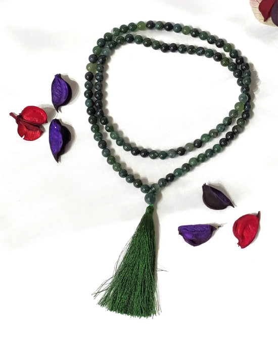 Moss Agate Mala Bead Necklace - Prayer Bead Mala | Moss Agate Yoga Beads | Soul Flower