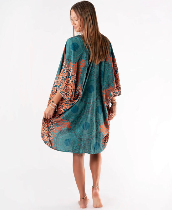 Floral Mandala Hippie Kimono - Hippie Kimono | Teal and Orange Kimono | Soul Flower