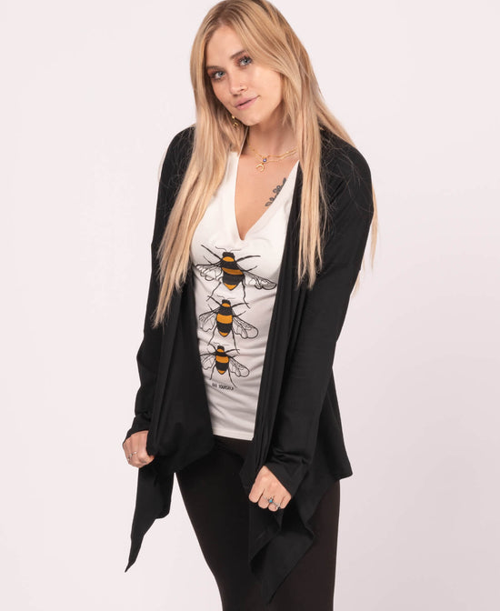 Organic Cotton Draped Cardigan - Black - Black Drapey Cardigan | Drape Front Cardigan | Soul Flower