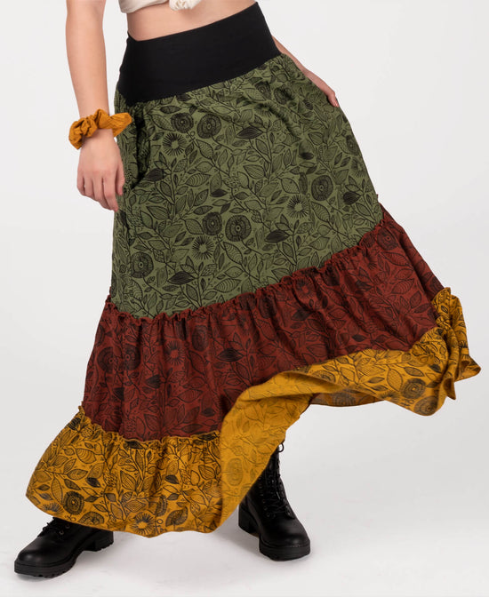 Three Tier Viscose Maxi Skirt with Pockets - Green - Green Three Tier Hippie Maxi Skirt | Hippie Skirts | Soul Flower