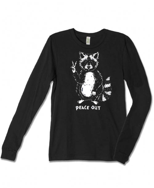 Peace Out Raccoon on Long Sleeve T-Shirt in Black - Peace Out Long Sleeve Tee | Unisex Hippie Shirt | Soulflower Women Men