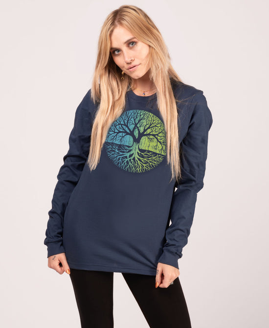 Tree of Life on Long Sleeve T-Shirt in Navy - Tree of Life Long Sleeve Tee | Unisex Hippie Shirt | Soul Flower Women